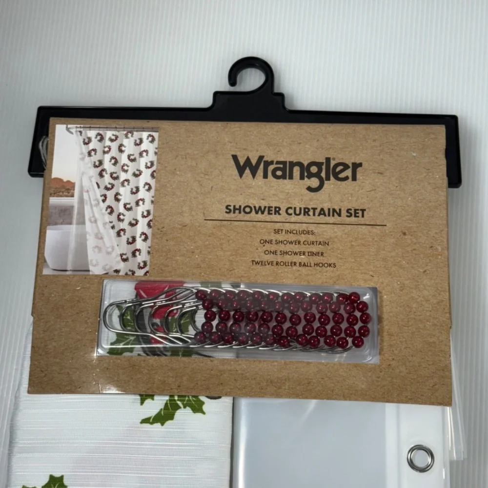 WRANGLER Christmas Horseshoe Holly Red Bow Shower Curtain Set‎ 72 x 72 VIRAL NEW